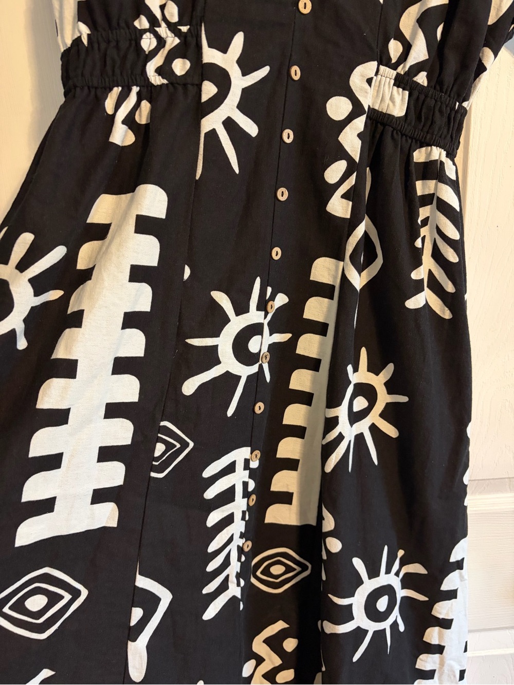 Umgee Black White Abstract Print Button Front Shirt Dress Small Cotton Elastic - Picture 2 of 7
